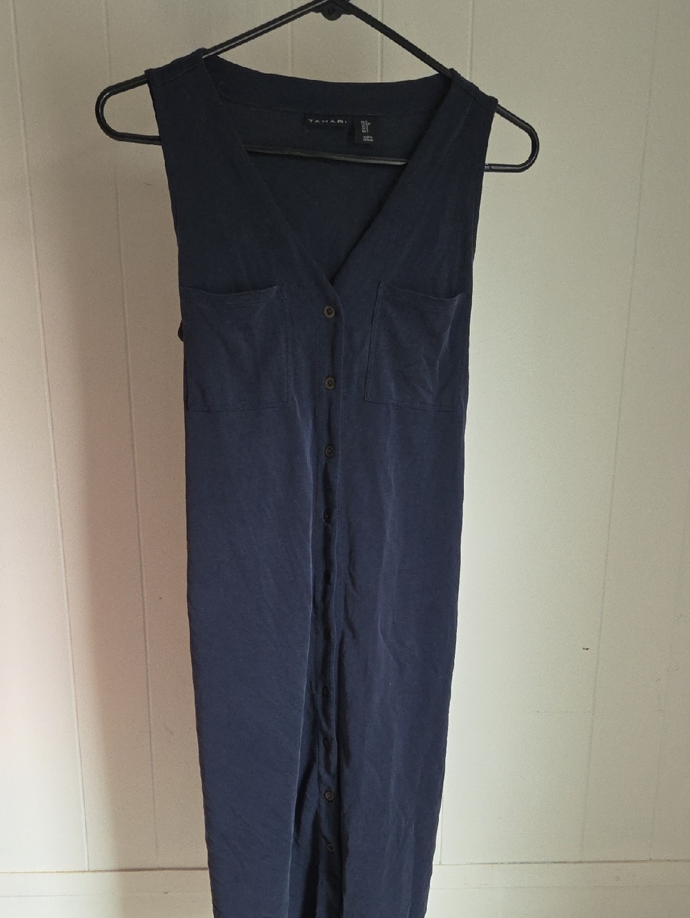Tahari Navy Sleeveless Midi Button-Front Dress